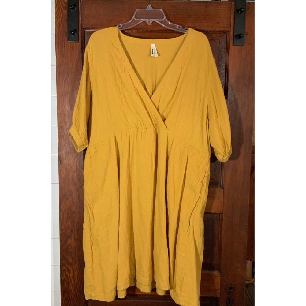 Pact Organic Cotton Gauze Wrap Dress Mustard Yellow XXXL Plus Size Short Sleeve